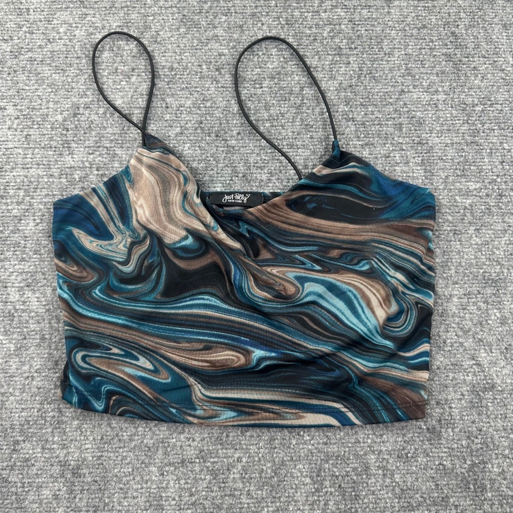 Just Polly Cami Crop Top M Blue Brown Marble Swirl Strappy Mesh Women
